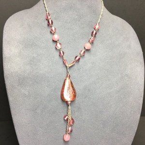 Glass Y Drop Necklace Pink Pendant Iridescent Silver Chain Dangles Twisted Rope
